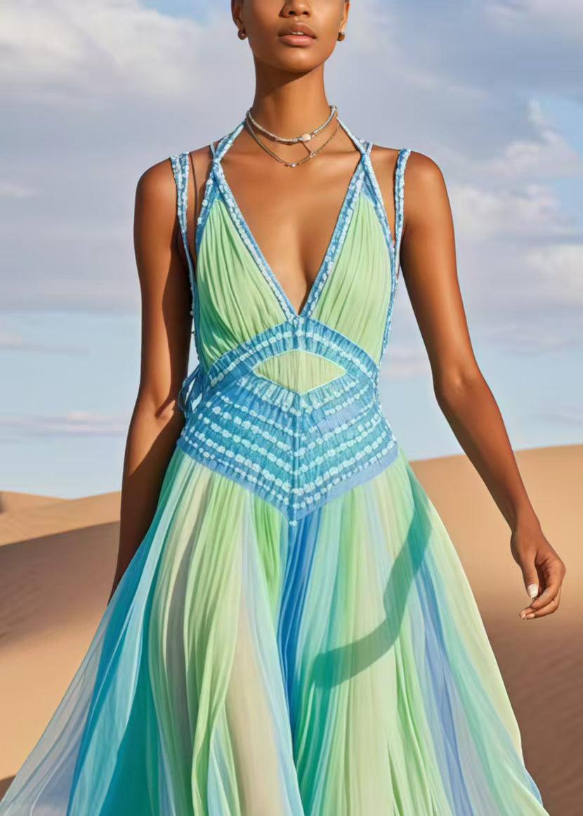 Deep V-Neck Spaghetti Strap Crochet Panel Accordion Maxi Dress - View 2