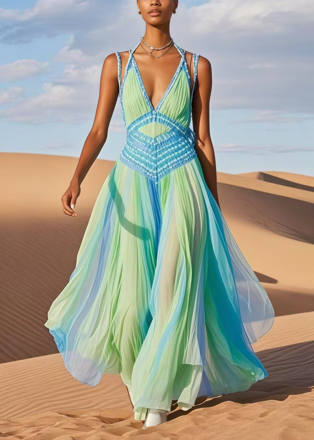 Deep V-Neck Spaghetti Strap Crochet Panel Accordion Maxi Dress - View 3