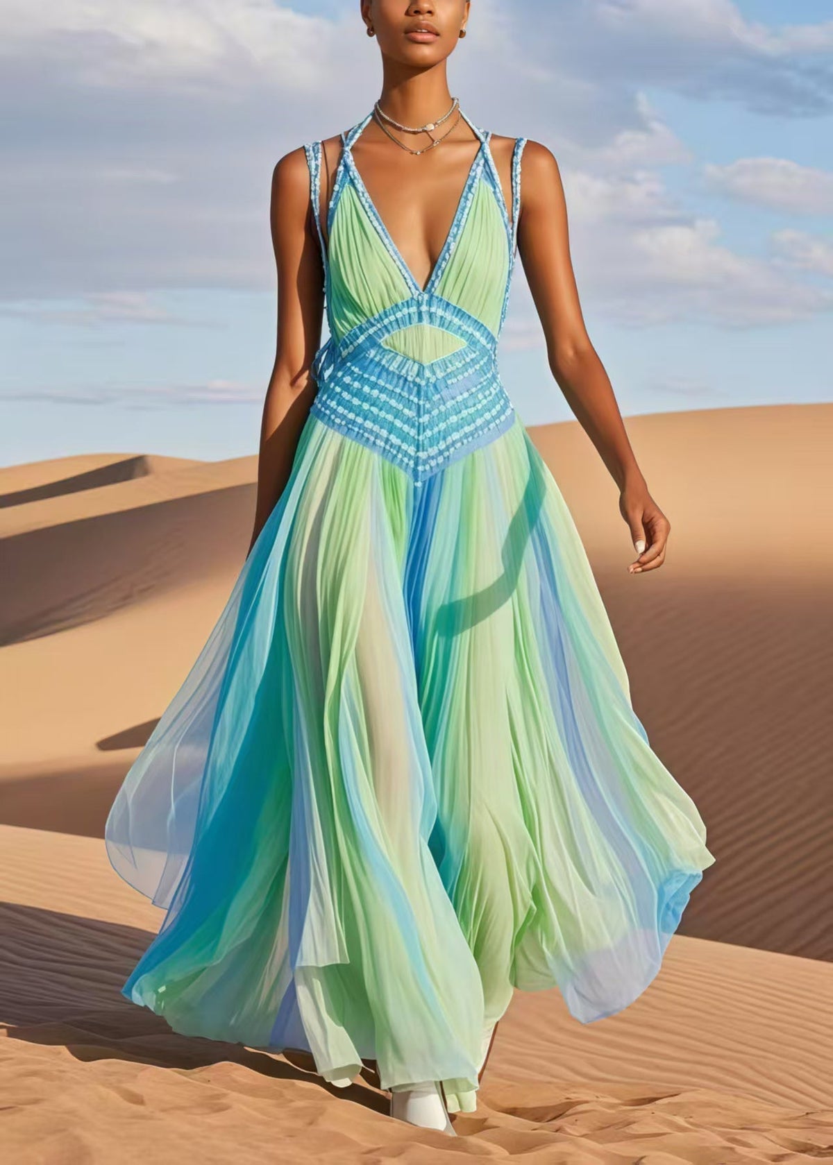 Deep V-Neck Spaghetti Strap Crochet Panel Accordion Maxi Dress - View 5