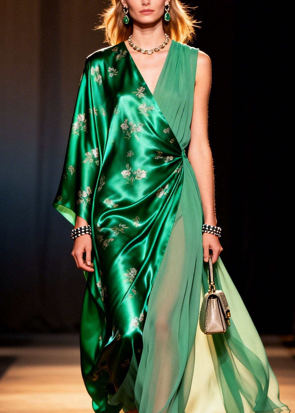 Floral Embroidery Asymmetrical Wrap V-Neck Sleeve Maxi Gown - View 2
