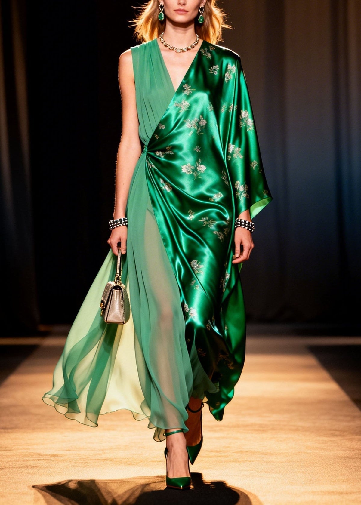 Floral Embroidery Asymmetrical Wrap V-Neck Sleeve Maxi Gown - View 3