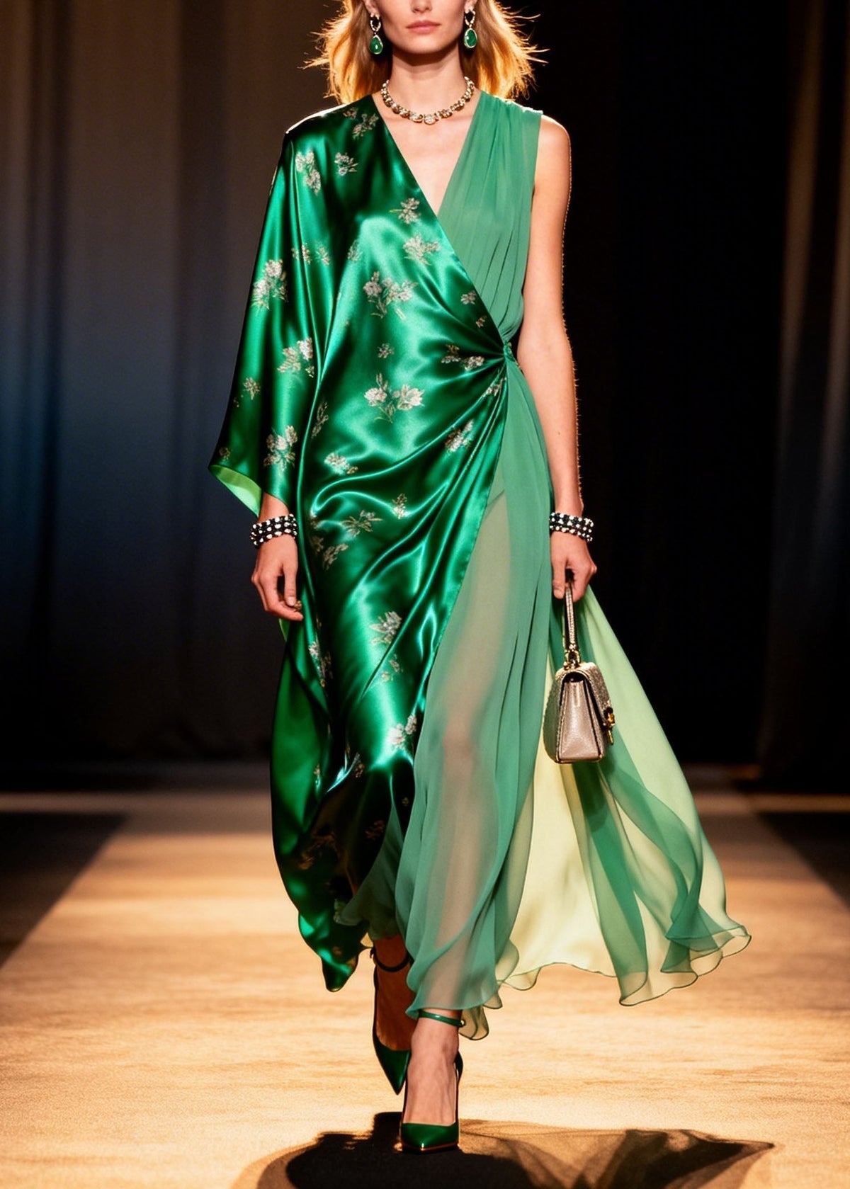 Floral Embroidery Asymmetrical Wrap V-Neck Sleeve Maxi Gown - View 5
