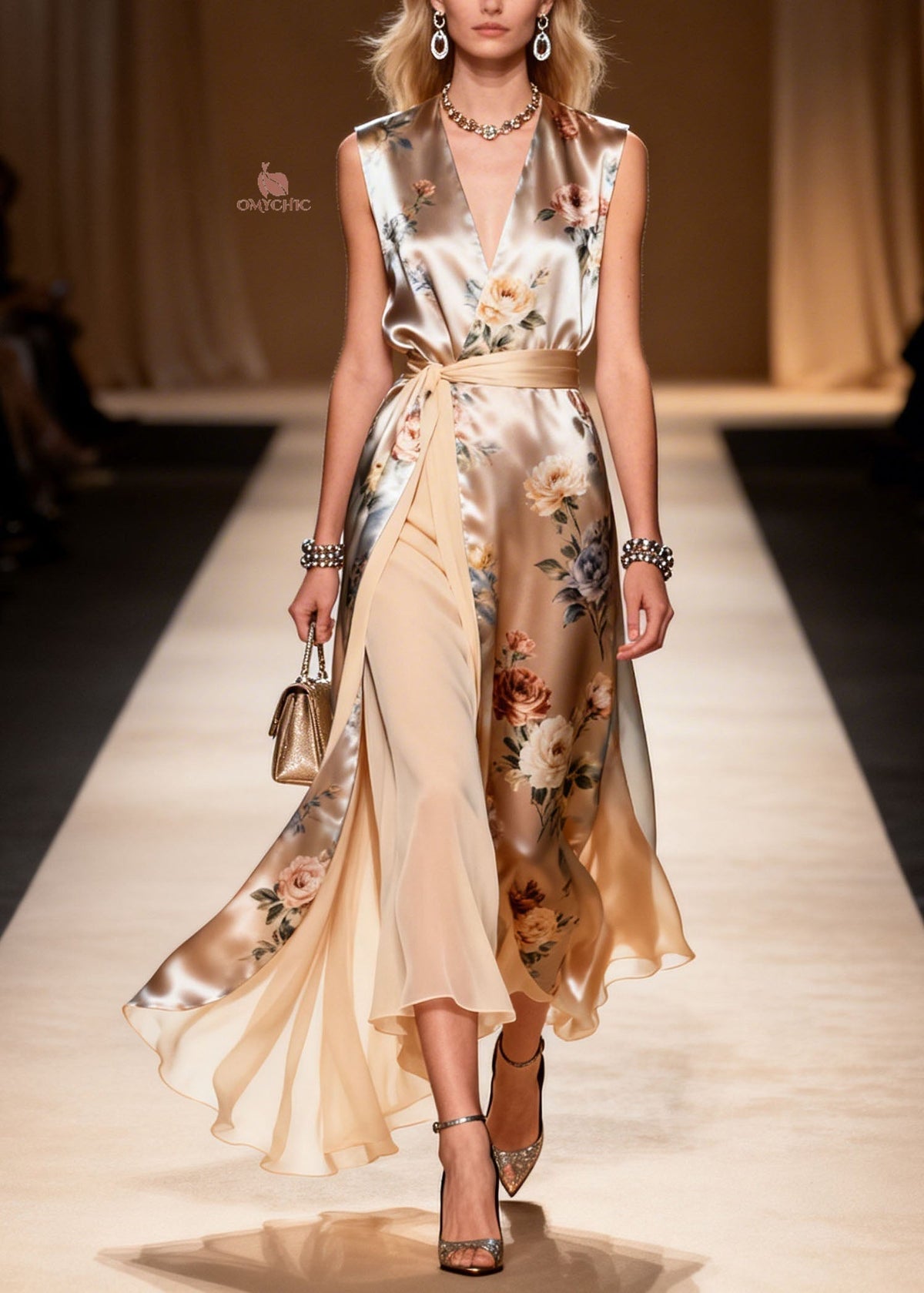 Satin Floral Print Wrap V-Neck Belted High Split Maxi Dress - View 3