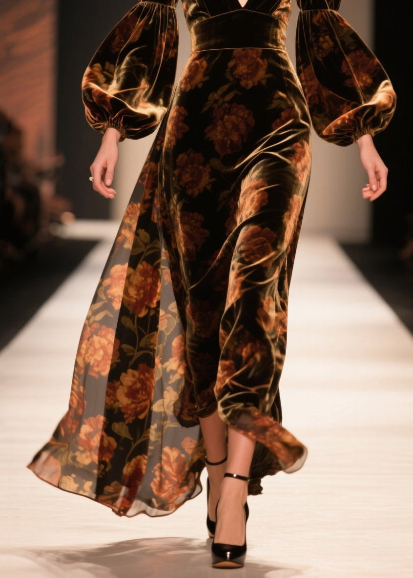 Velvet Deep V-Neck Bishop Sleeve Empire Waist Maxi Gown - View 4