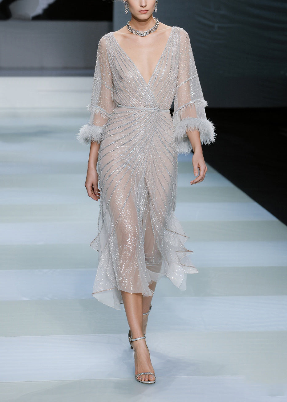 Sequin Deep V-Neck Feather Cuff Long Sleeve Wrap Ruffle Midi Dress - View 5