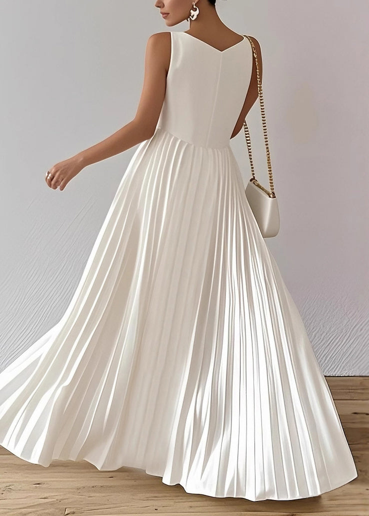 Sleeveless Notched V-Neck Sunray Pleated Side Panel Maxi Gown - View 4