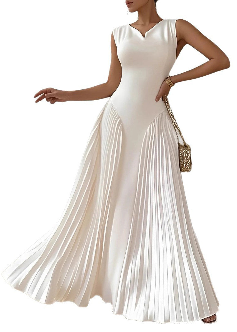 Sleeveless Notched V-Neck Sunray Pleated Side Panel Maxi Gown - View 5