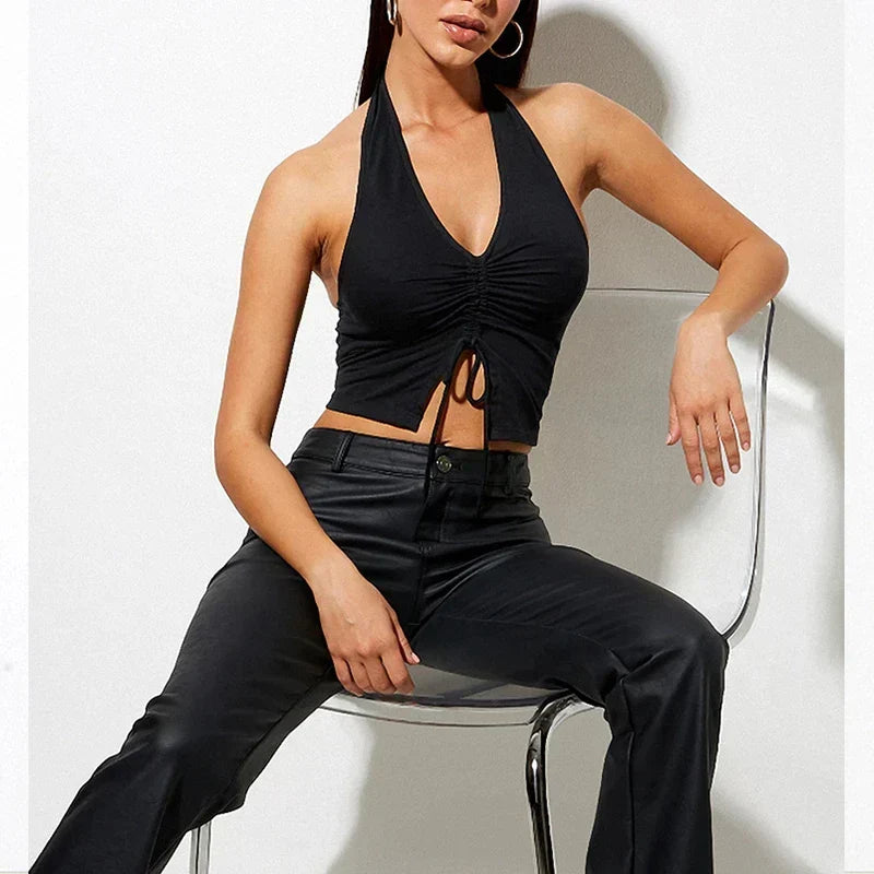 Cropped Lace-Up Halter Sleeveless Black Halter Crop Top