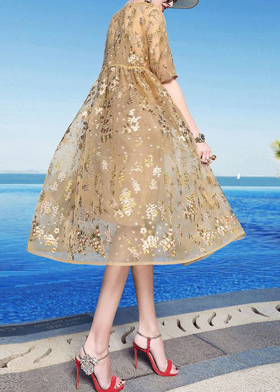 Floral Embroidery Mesh Overlay Round Neck A-Line Midi Dress - View 3