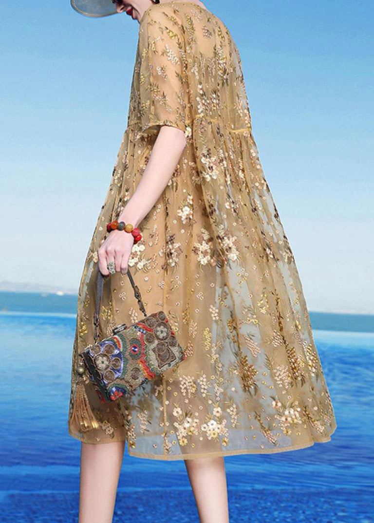 Floral Embroidery Mesh Overlay Round Neck A-Line Midi Dress - View 4