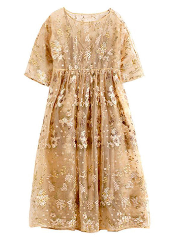 Floral Embroidery Mesh Overlay Round Neck A-Line Midi Dress - View 5
