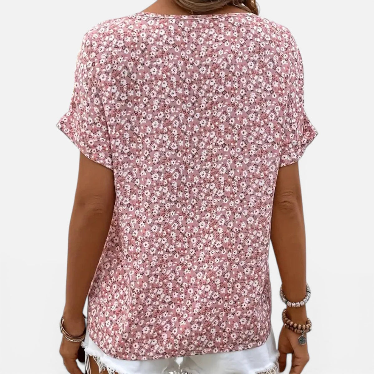 Ditsy Floral Split Neck Button Front Short Sleeve Blouse 2
