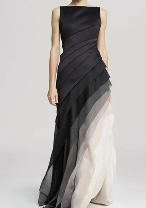 Sleeveless Boat Neck Diagonal Pleated Tiered Maxi Gown - View 2