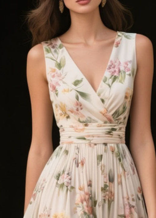 Floral Print Wrap V-Neck Sleeveless Belted Pleated Midi Dress - View 2