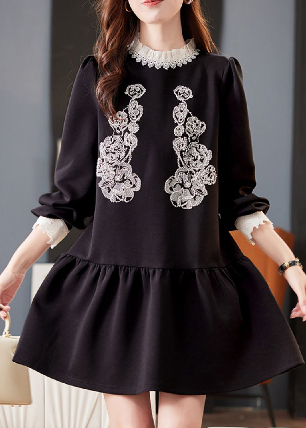Lace Applique Peter Pan Collar Long Sleeve A-Line Mini Dress - View 2