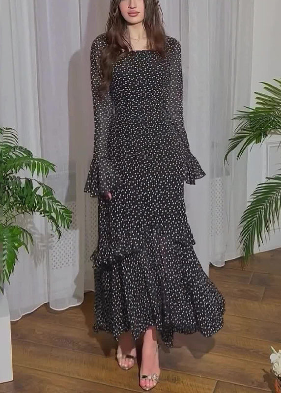 Fine Black Ruffled Print Chiffon Long Dresses Flare Sleeve - View 3