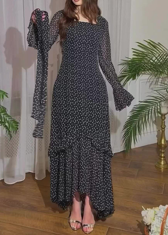 Fine Black Ruffled Print Chiffon Long Dresses Flare Sleeve - View 4