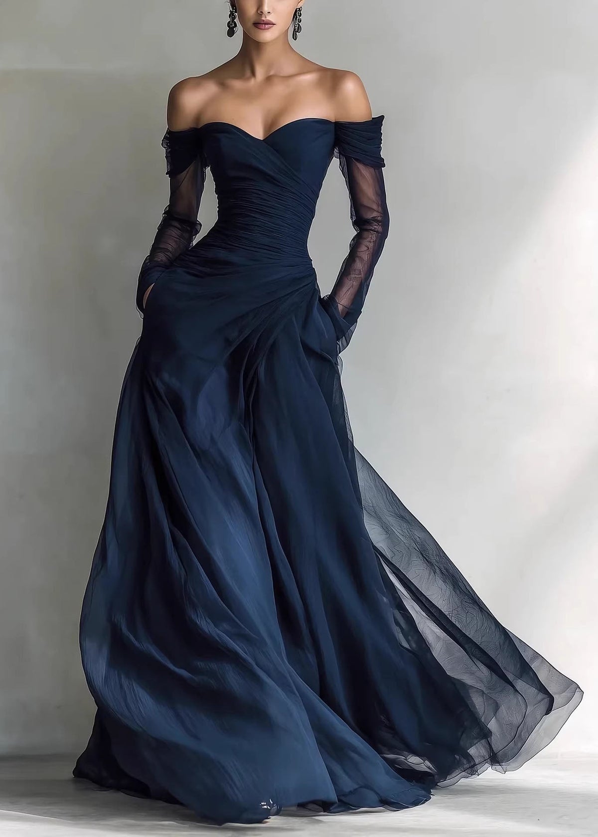 Off Shoulder Ruched Bodice Sheer Long Sleeve Tulle Pocket Maxi Gown