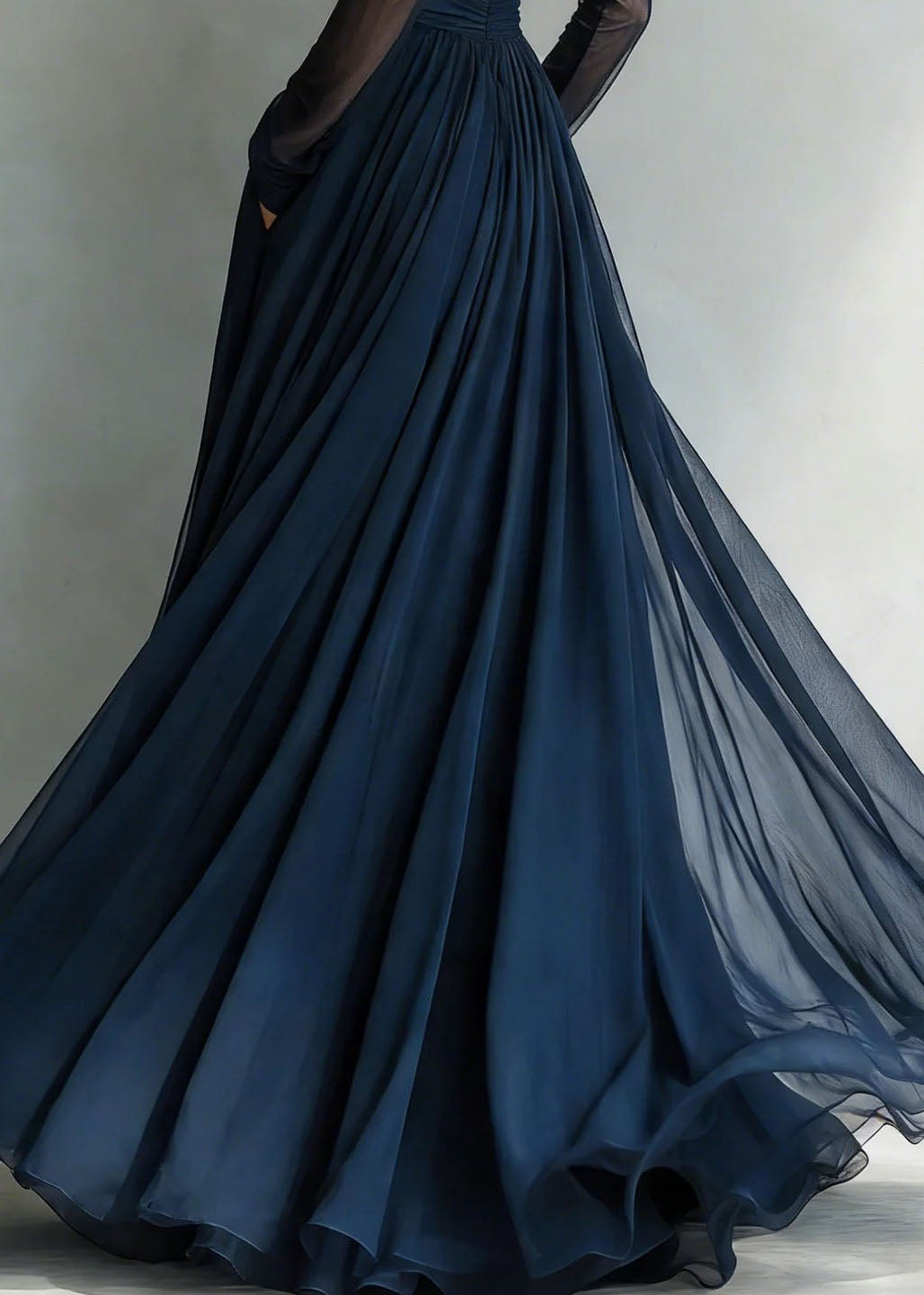 Off Shoulder Ruched Bodice Sheer Long Sleeve Tulle Pocket Maxi Gown - View 4