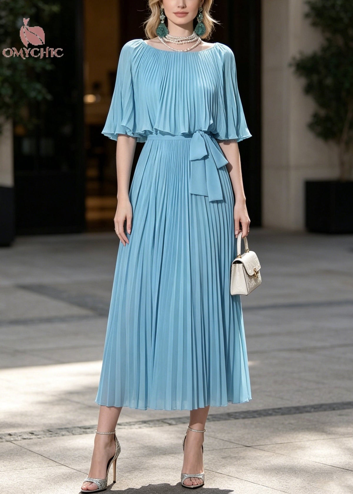 Chiffon Accordion Pleated Round Neck Cape A-Line Midi Dress