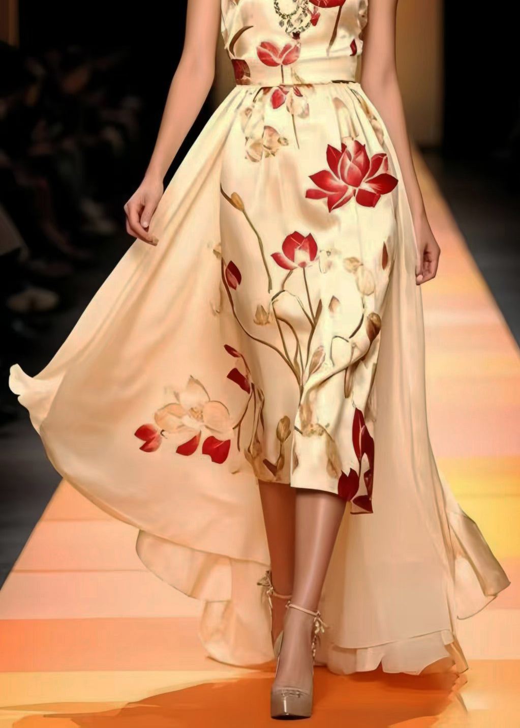 Floral Print Round Neck Sleeveless Satin Attached Maxi Gown - View 4