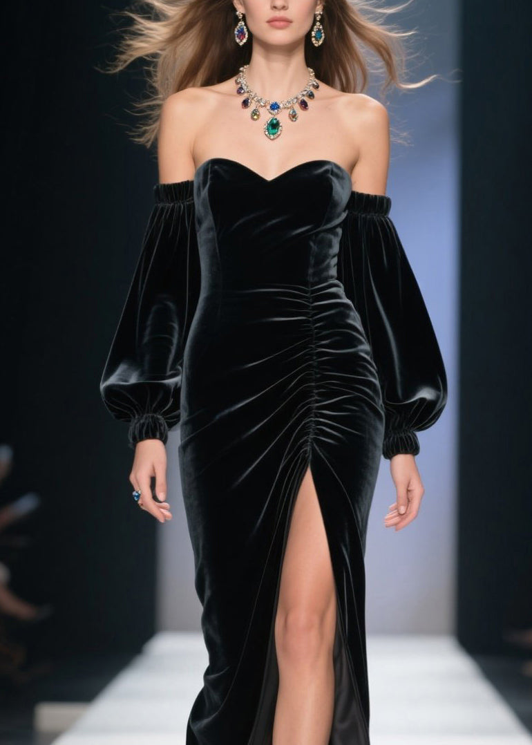 Velvet Off Shoulder Bishop Sleeve Ruched Front High Split Maxi Gown - View 2
