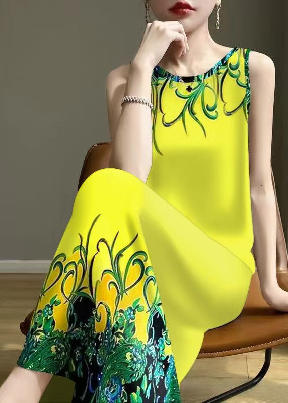 Scroll Border Print Crew Neck Sleeveless Midi Dress