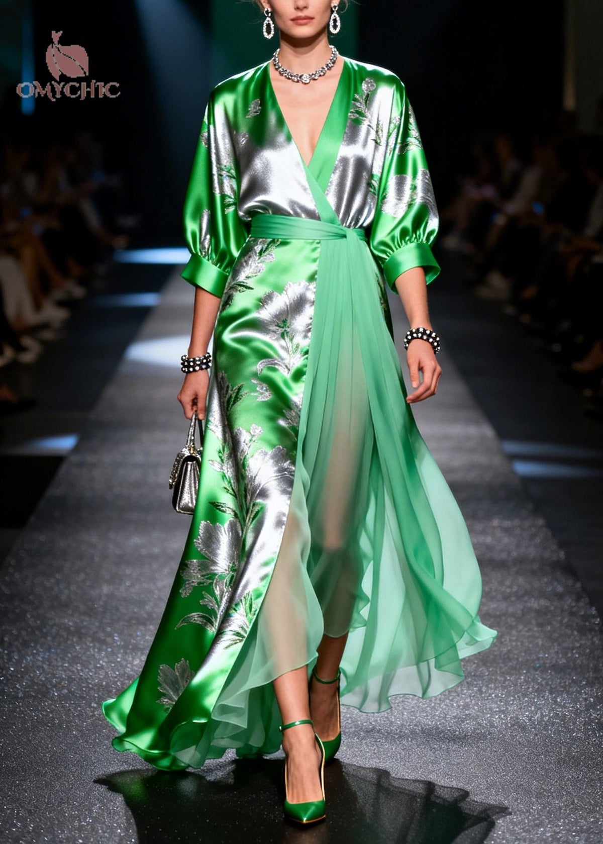 Fine Grass Green Jacquard Patchwork Low High Chiffon Maxi Dress