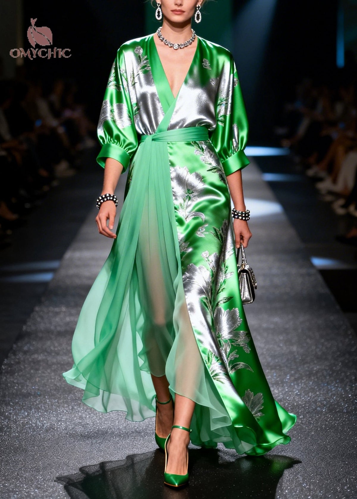 Fine Grass Green Jacquard Patchwork Low High Chiffon Maxi Dress - View 3