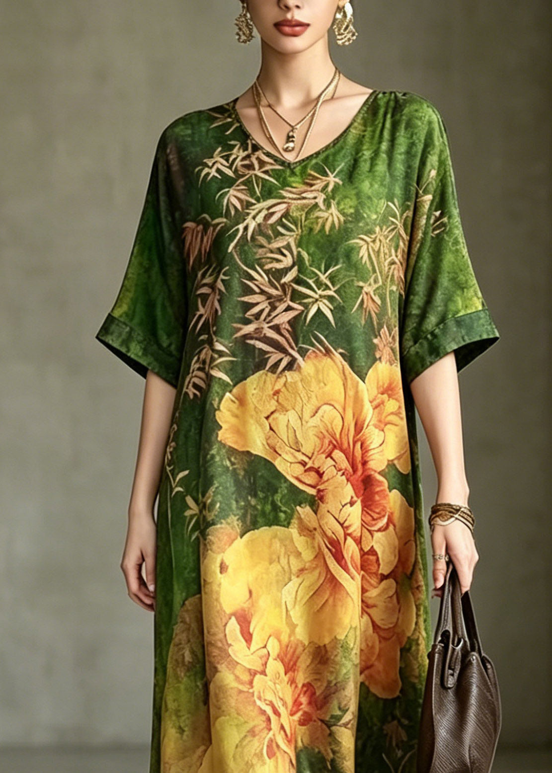Floral Print V-Neck Short Sleeve Relaxed Shift Maxi Dress - View 2