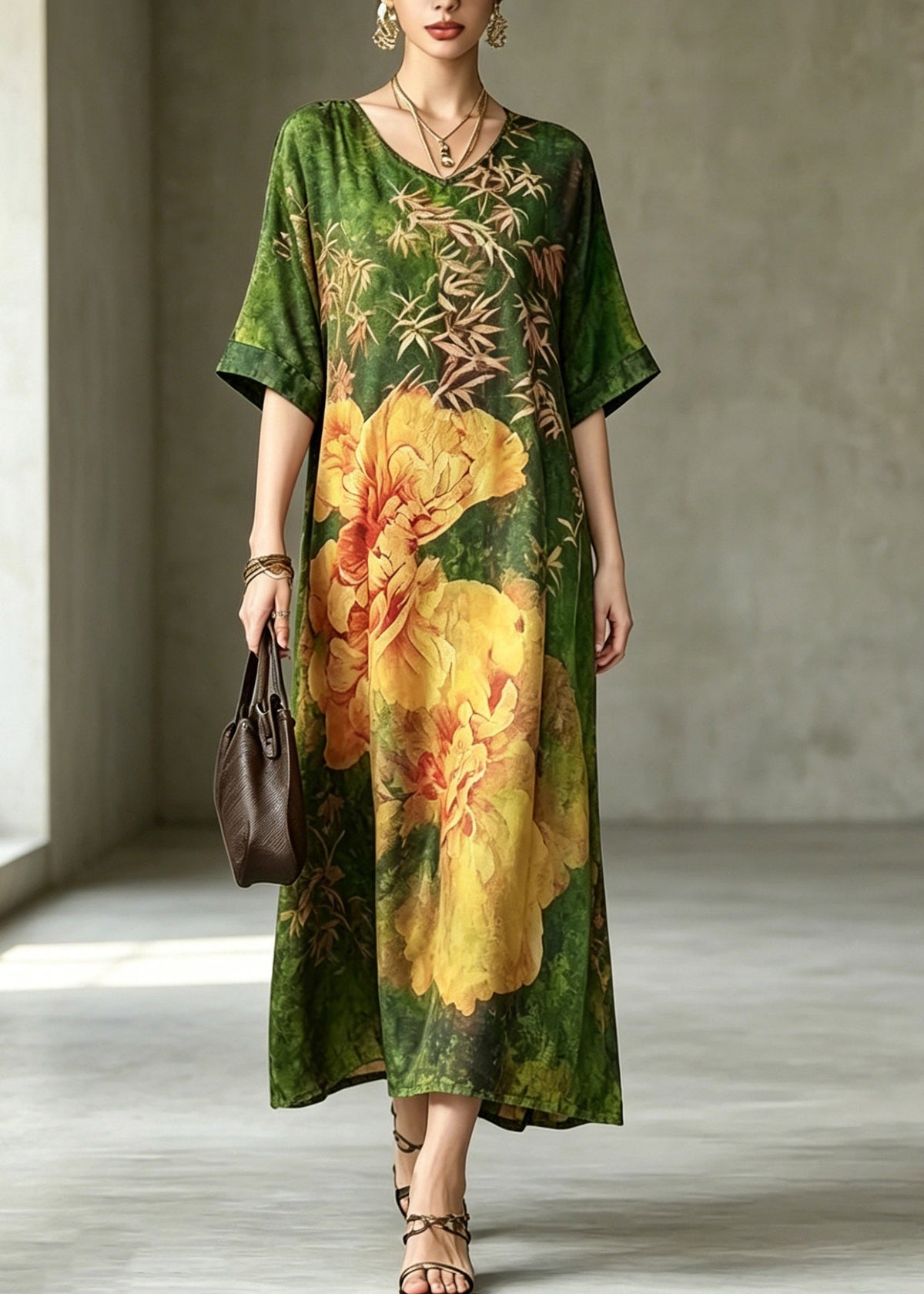 Floral Print V-Neck Short Sleeve Relaxed Shift Maxi Dress - View 3
