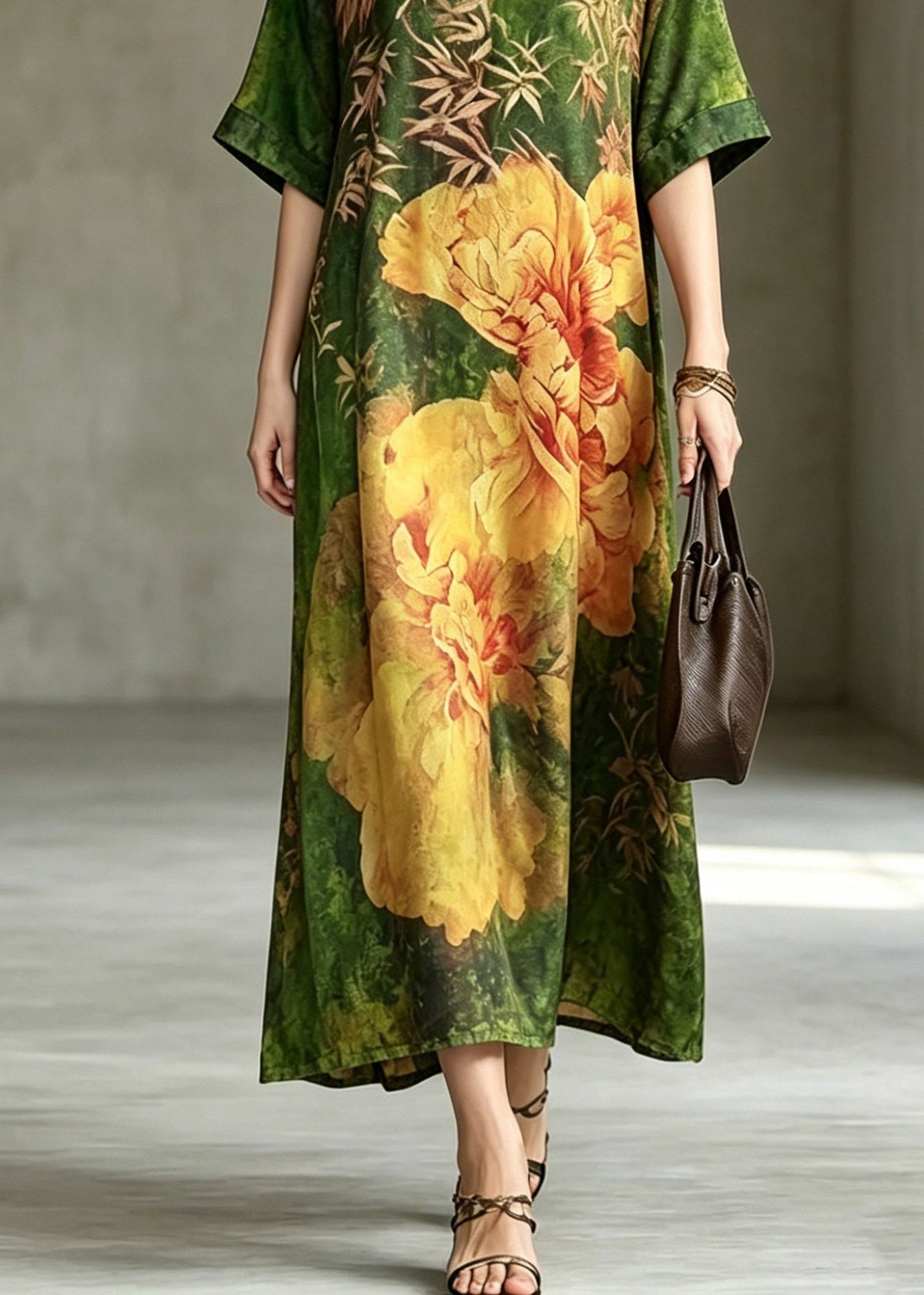 Floral Print V-Neck Short Sleeve Relaxed Shift Maxi Dress - View 4