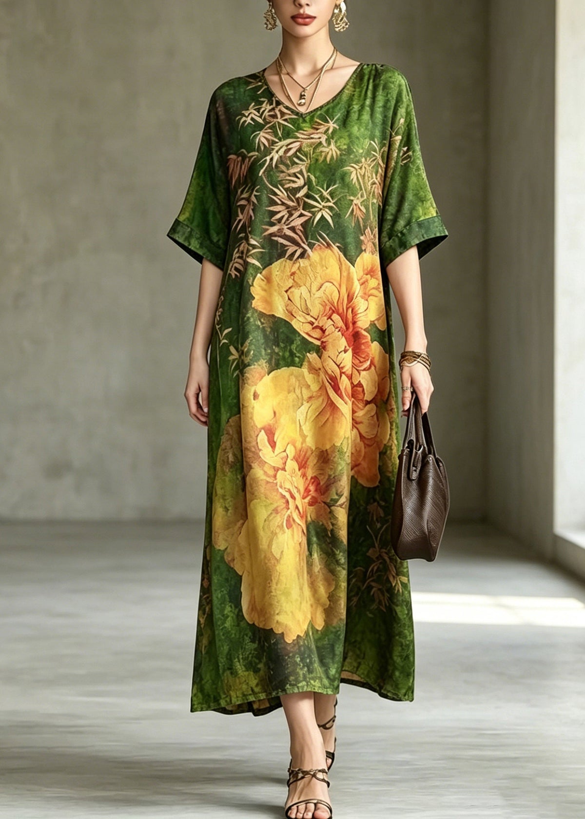 Floral Print V-Neck Short Sleeve Relaxed Shift Maxi Dress - View 5