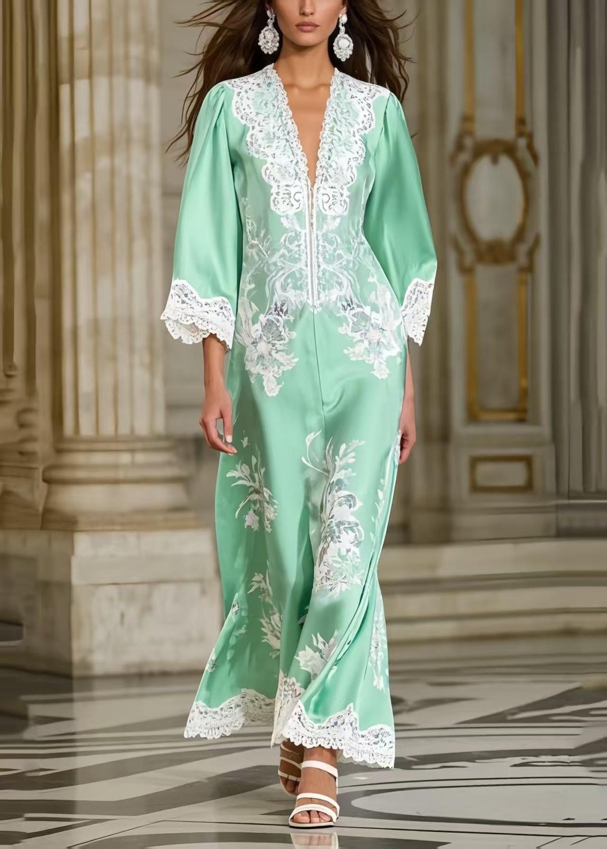 Floral Print Lace Trim Deep V-Neck Bell Sleeve Maxi Gown