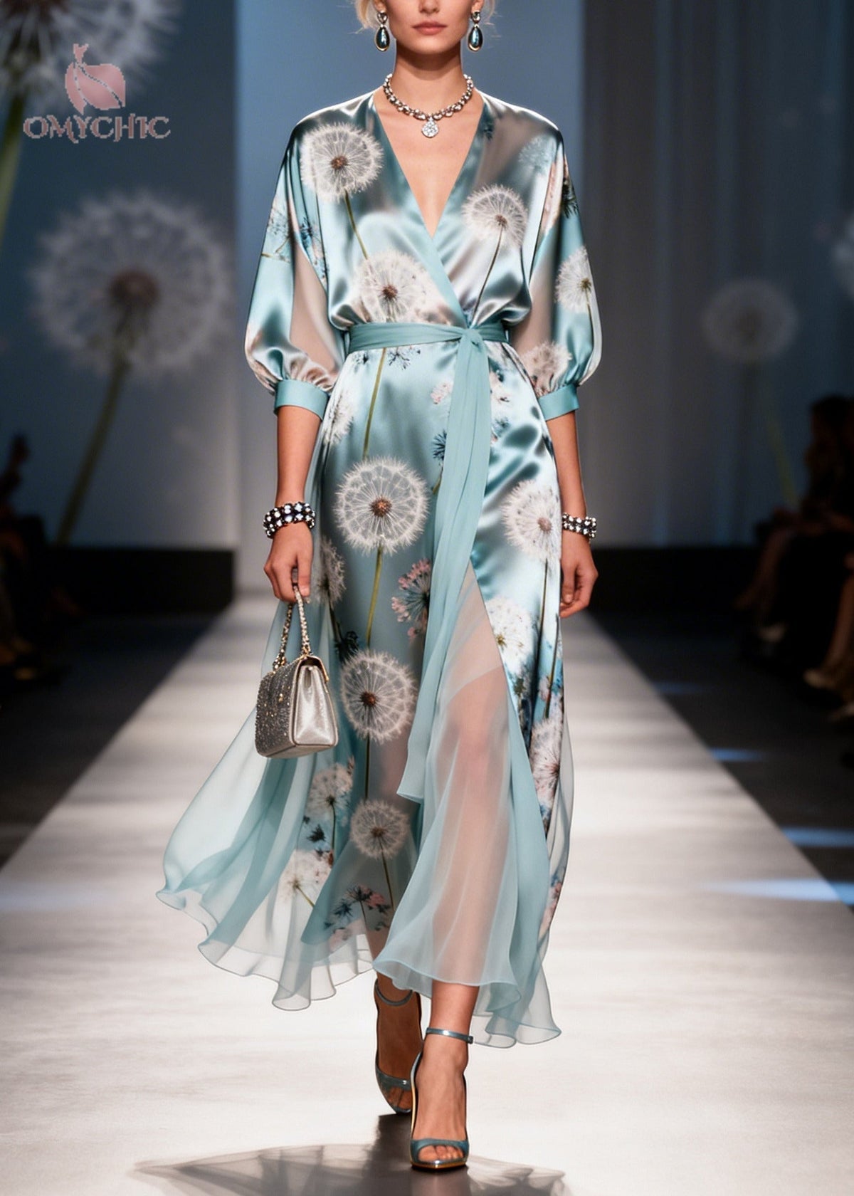 Dandelion Print Satin Wrap Deep V-Neck Three Quarter Maxi Gown