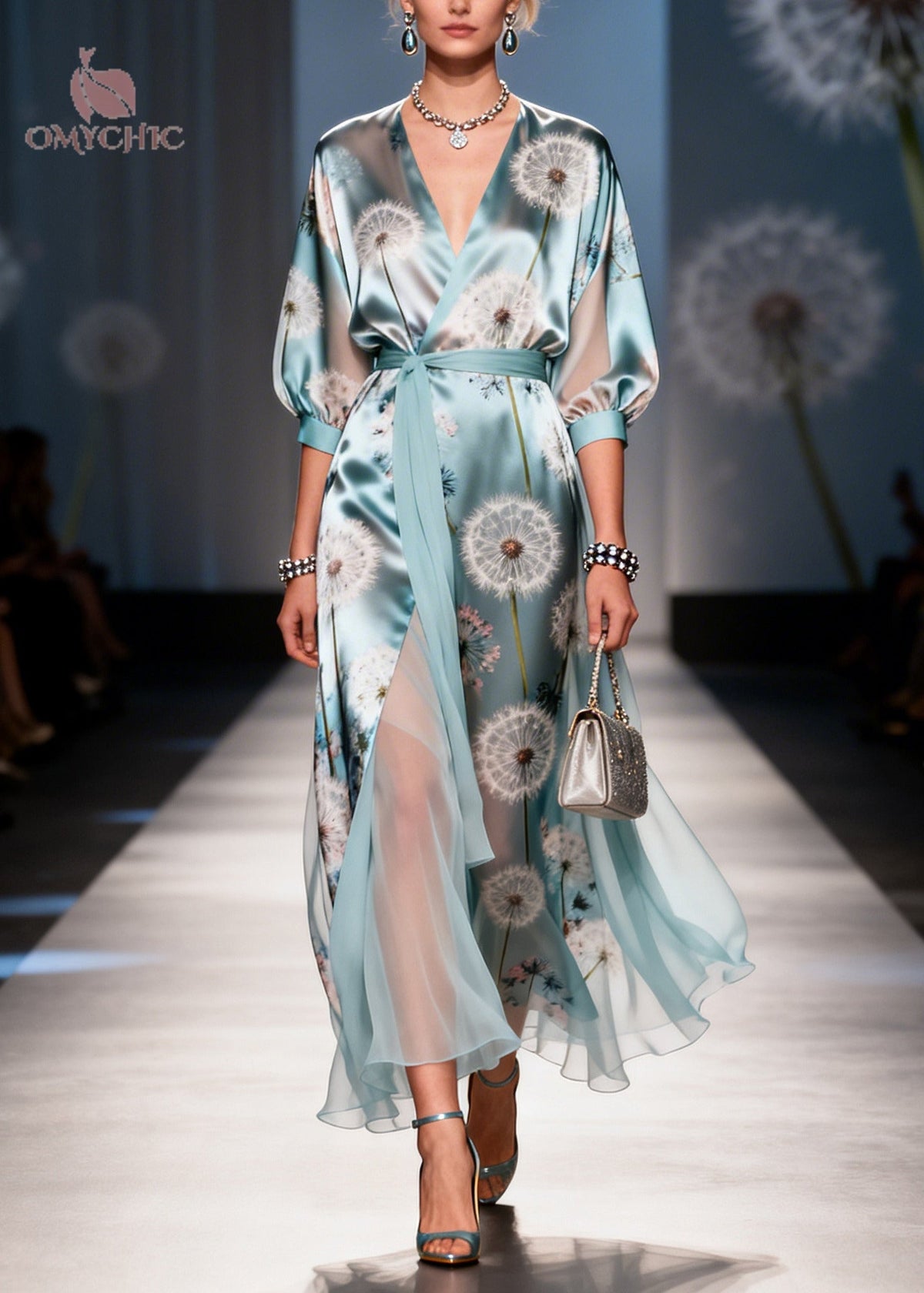 Dandelion Print Satin Wrap Deep V-Neck Three Quarter Maxi Gown - View 3