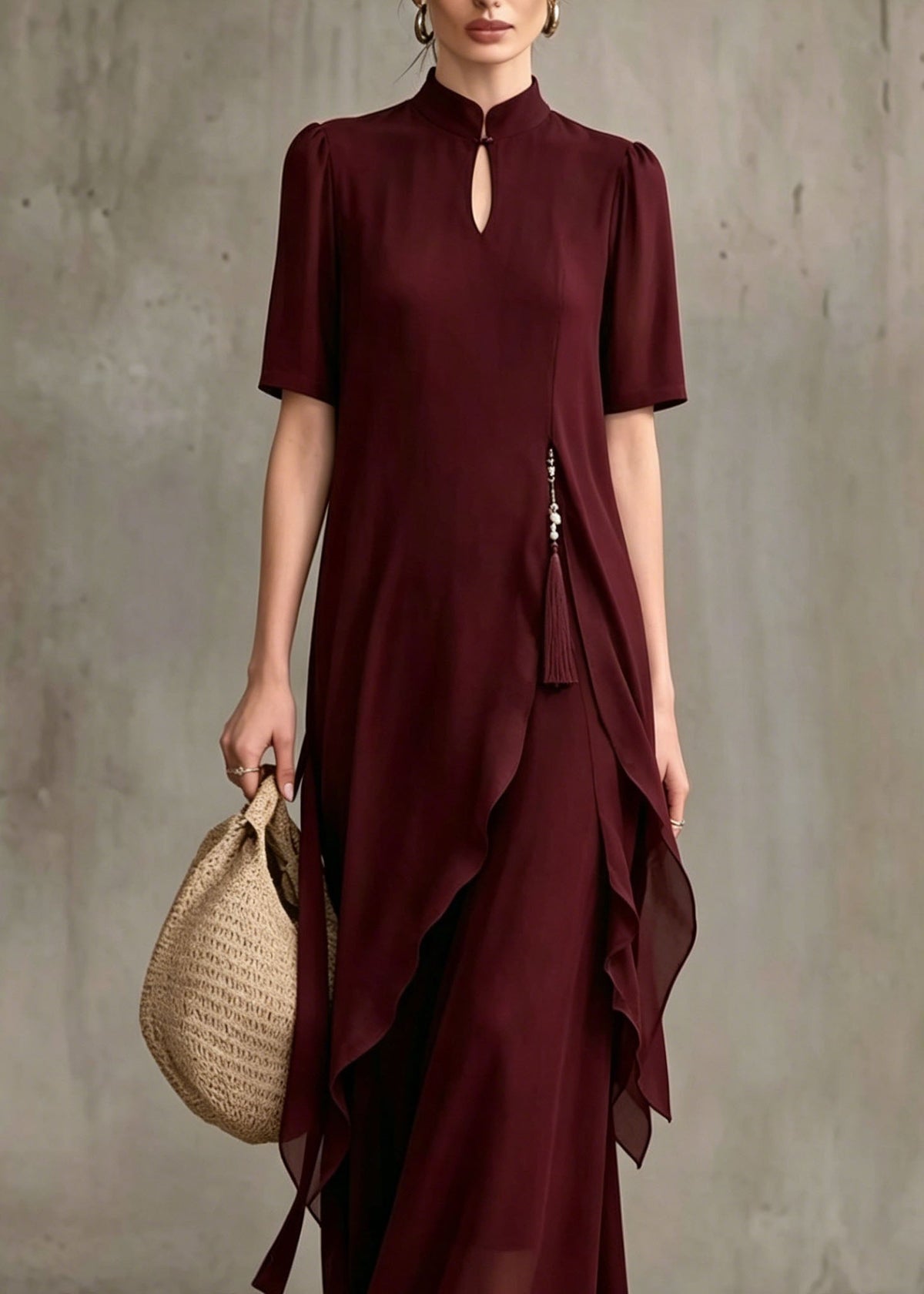 Keyhole Stand Collar Asymmetrical Drape Layer Chiffon Maxi Dress - View 2