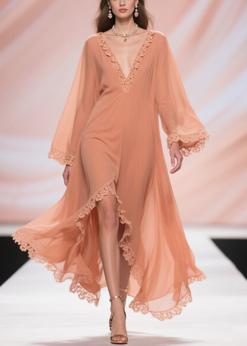 Chiffon Deep V-Neck Bell Sleeve Lace Trim High Low Maxi Dress