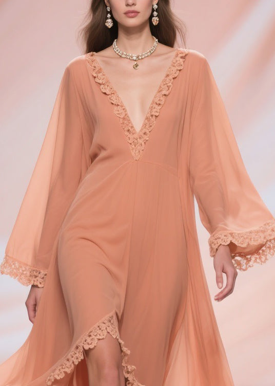 Chiffon Deep V-Neck Bell Sleeve Lace Trim High Low Maxi Dress - View 2