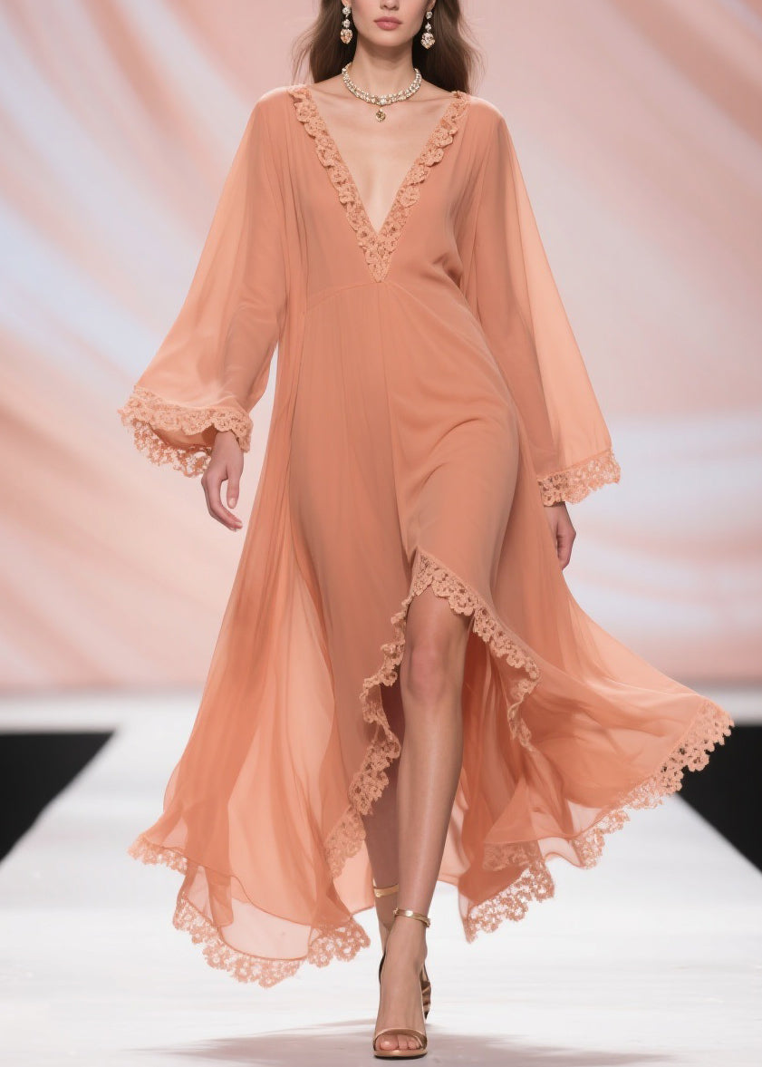 Chiffon Deep V-Neck Bell Sleeve Lace Trim High Low Maxi Dress - View 3