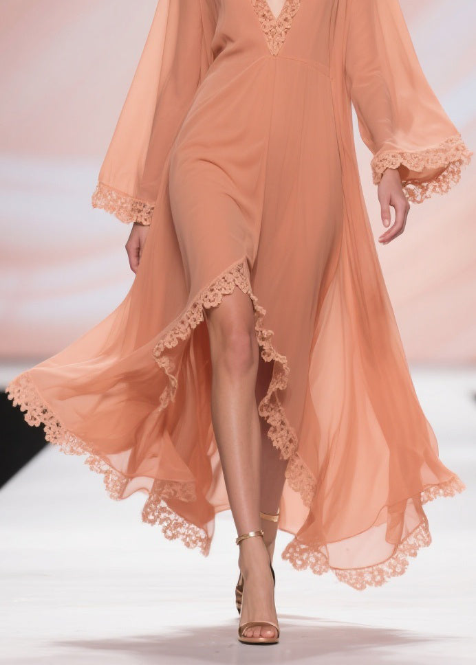 Chiffon Deep V-Neck Bell Sleeve Lace Trim High Low Maxi Dress - View 4