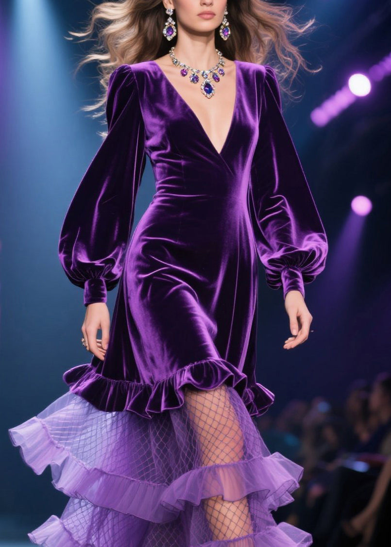 Fine Purple Tulle Ruffled Patchwork Velvet Long Dress Fall - View 2