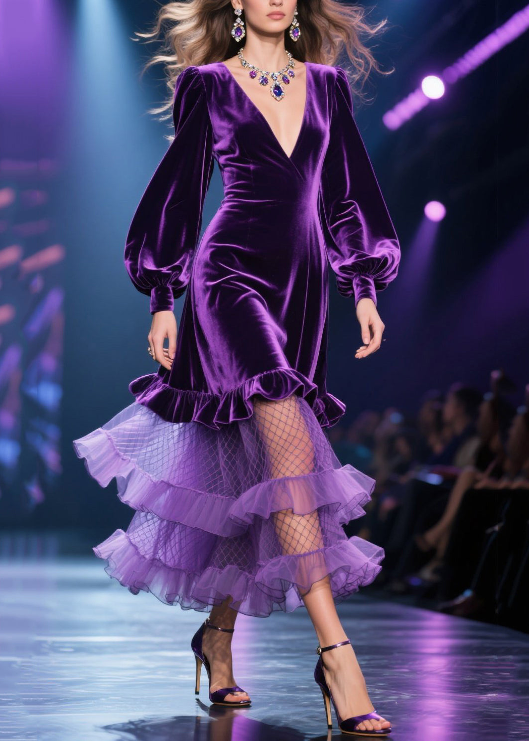 Fine Purple Tulle Ruffled Patchwork Velvet Long Dress Fall - View 4
