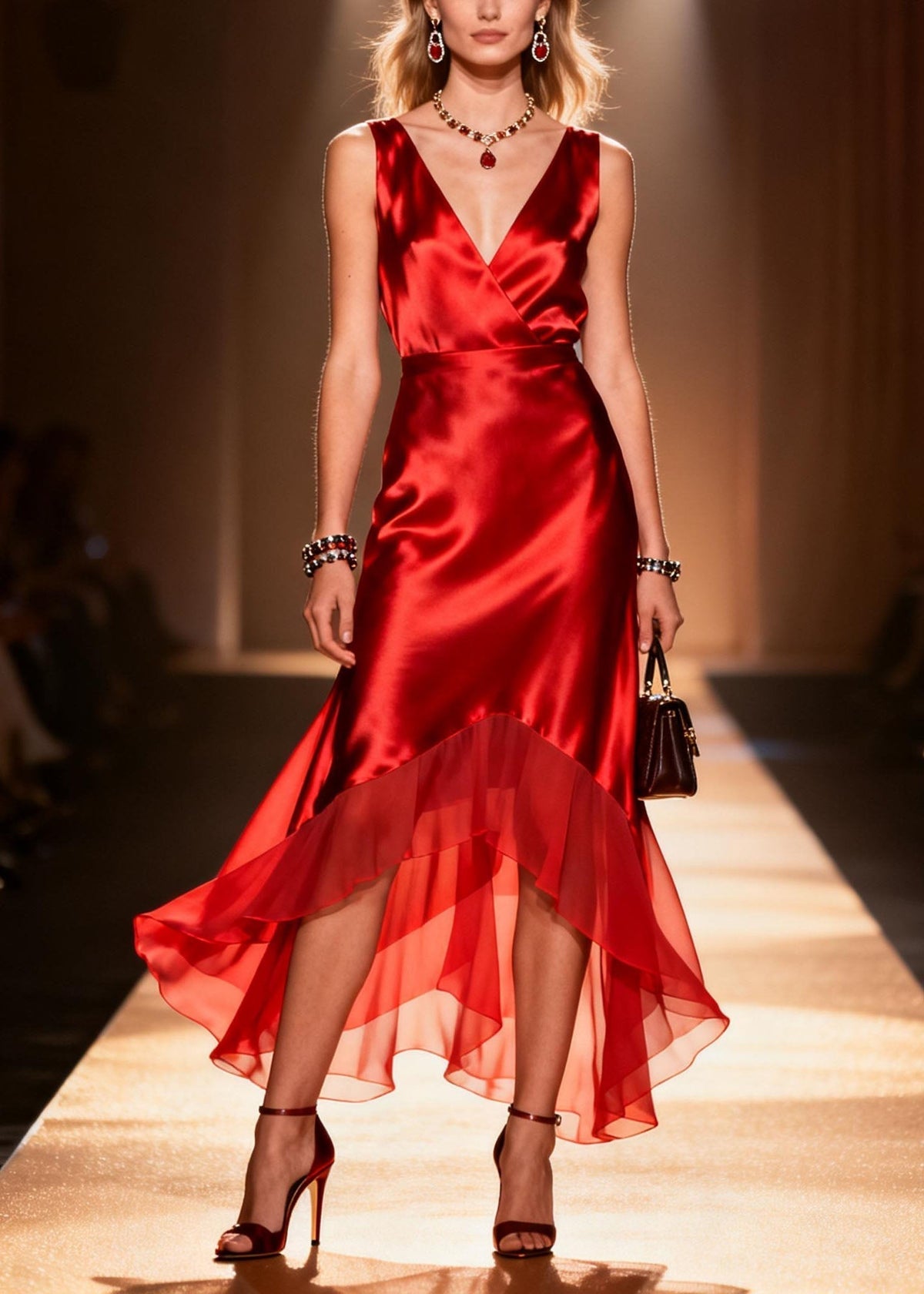 Satin Wrap V-Neck Sleeveless Tiered Chiffon Ruffle Hem Midi Dress - View 5