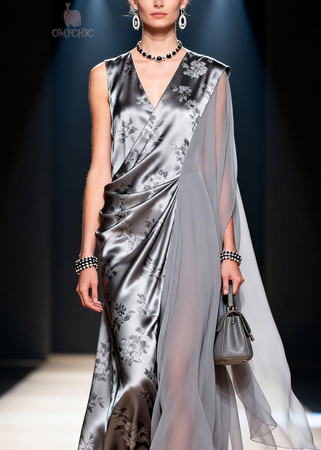 Floral Print Satin Deep V-Neck Draped Chiffon Wrap Maxi Gown - View 2