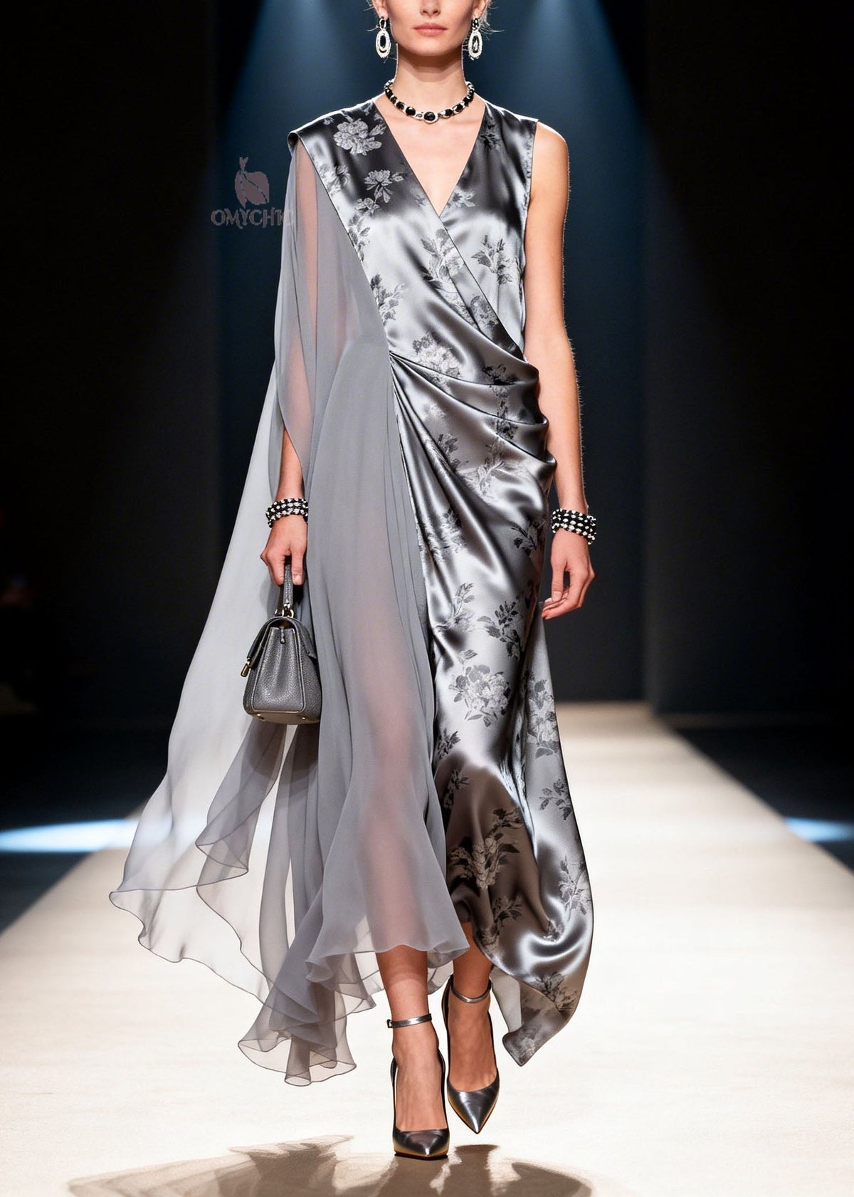 Floral Print Satin Deep V-Neck Draped Chiffon Wrap Maxi Gown - View 3