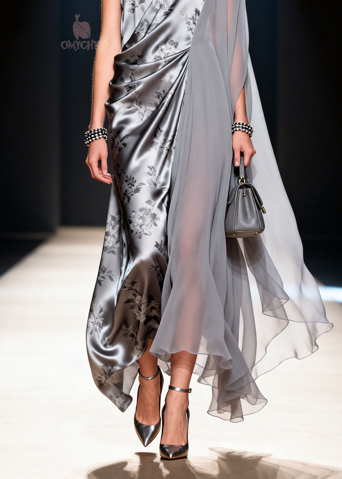 Floral Print Satin Deep V-Neck Draped Chiffon Wrap Maxi Gown - View 4