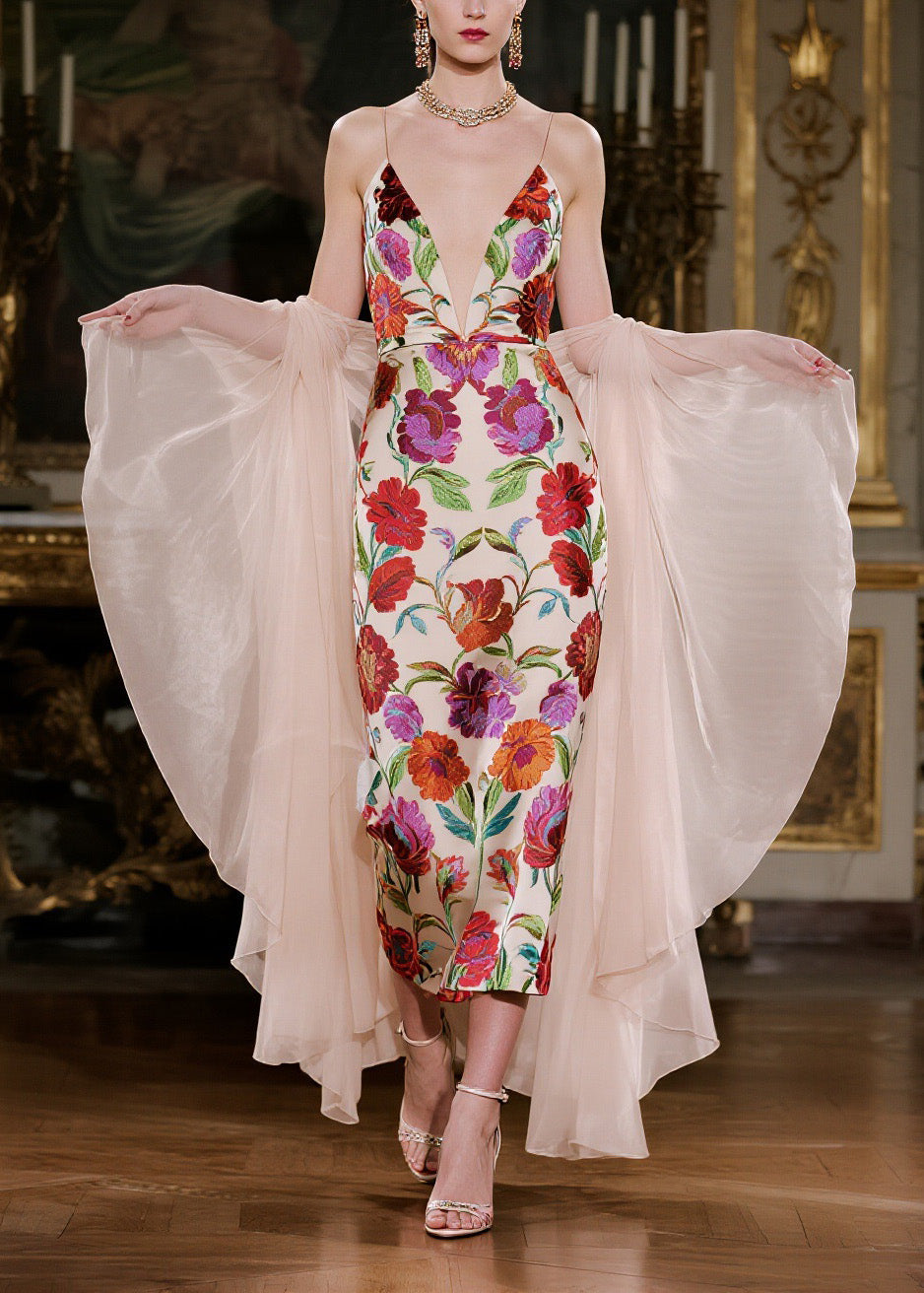 Floral Embroidery Spaghetti Strap Deep V-Neck Midi Sheer Cape Set