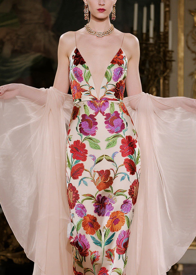 Floral Embroidery Spaghetti Strap Deep V-Neck Midi Sheer Cape Set - View 2