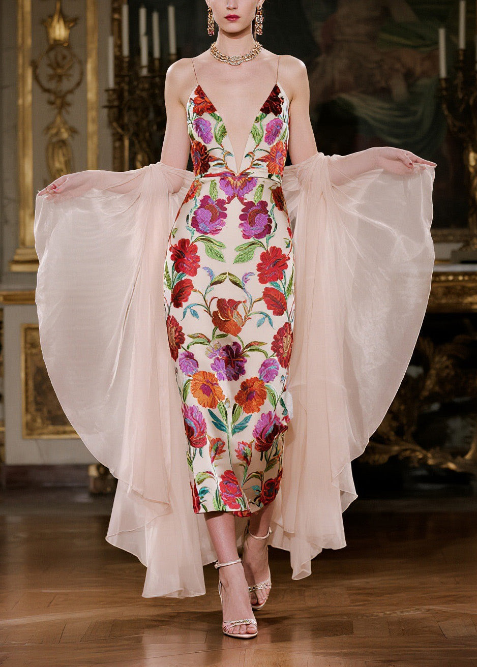 Floral Embroidery Spaghetti Strap Deep V-Neck Midi Sheer Cape Set - View 3